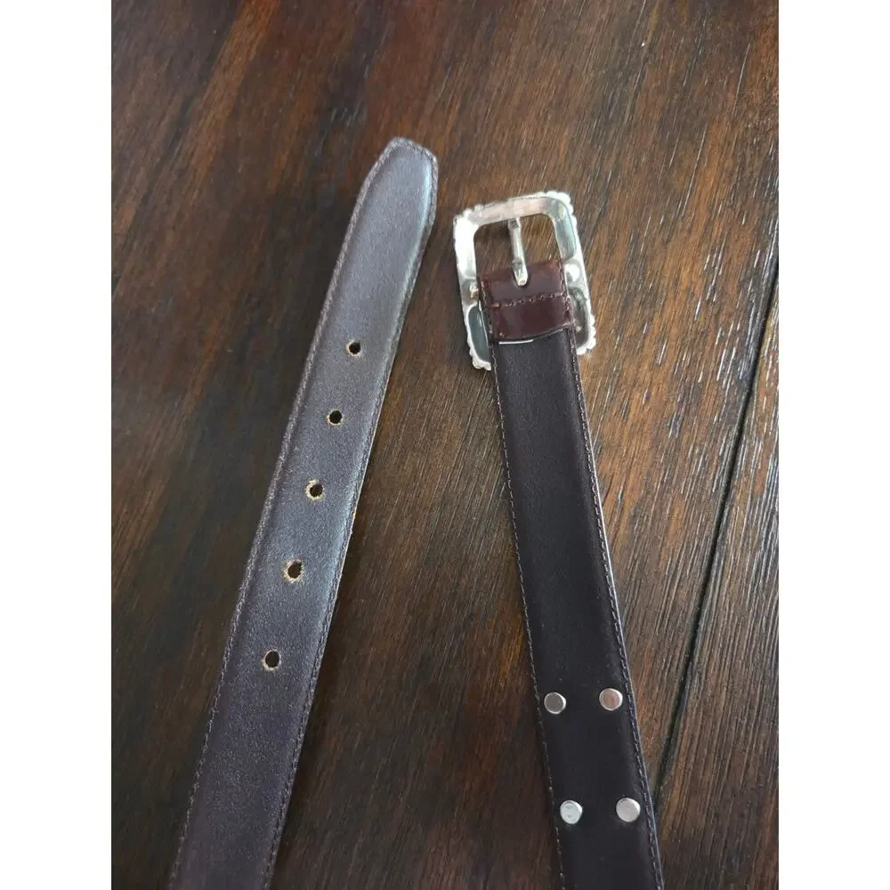Fossil leather brown belt silver toned square buckle embellishments western M